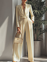 Cream Belted Satin Power Suit Set