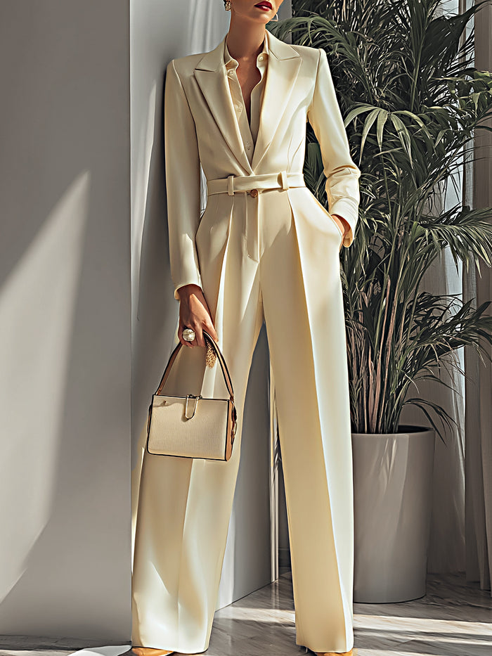 Cream Belted Satin Power Suit Set