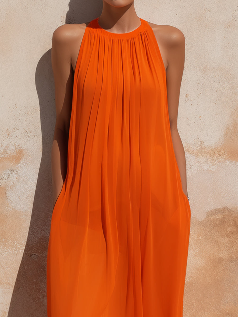 Pleated Halter Neck Flowing Midi Dress