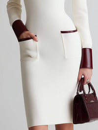 Ivory Knit Dress With Contrasting Burgundy Accents