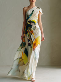 One-Shoulder Abstract Floral Draped Maxi Dress