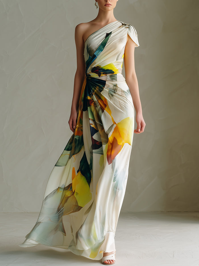 One-Shoulder Abstract Floral Draped Maxi Dress