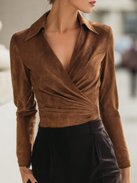 Suede Draped Wrap Blouse