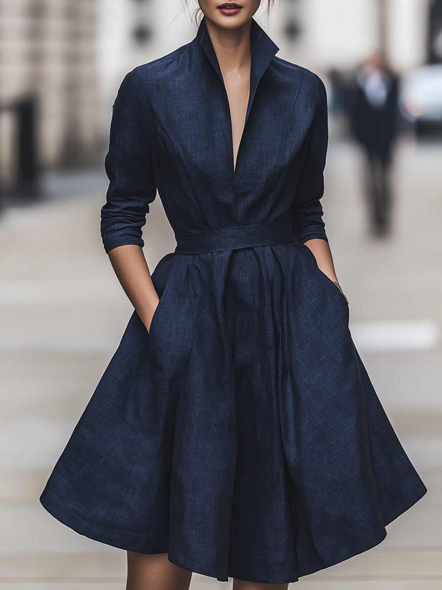 Navy Tailored Fit-and-Flare Dress With Structured Stand Collar