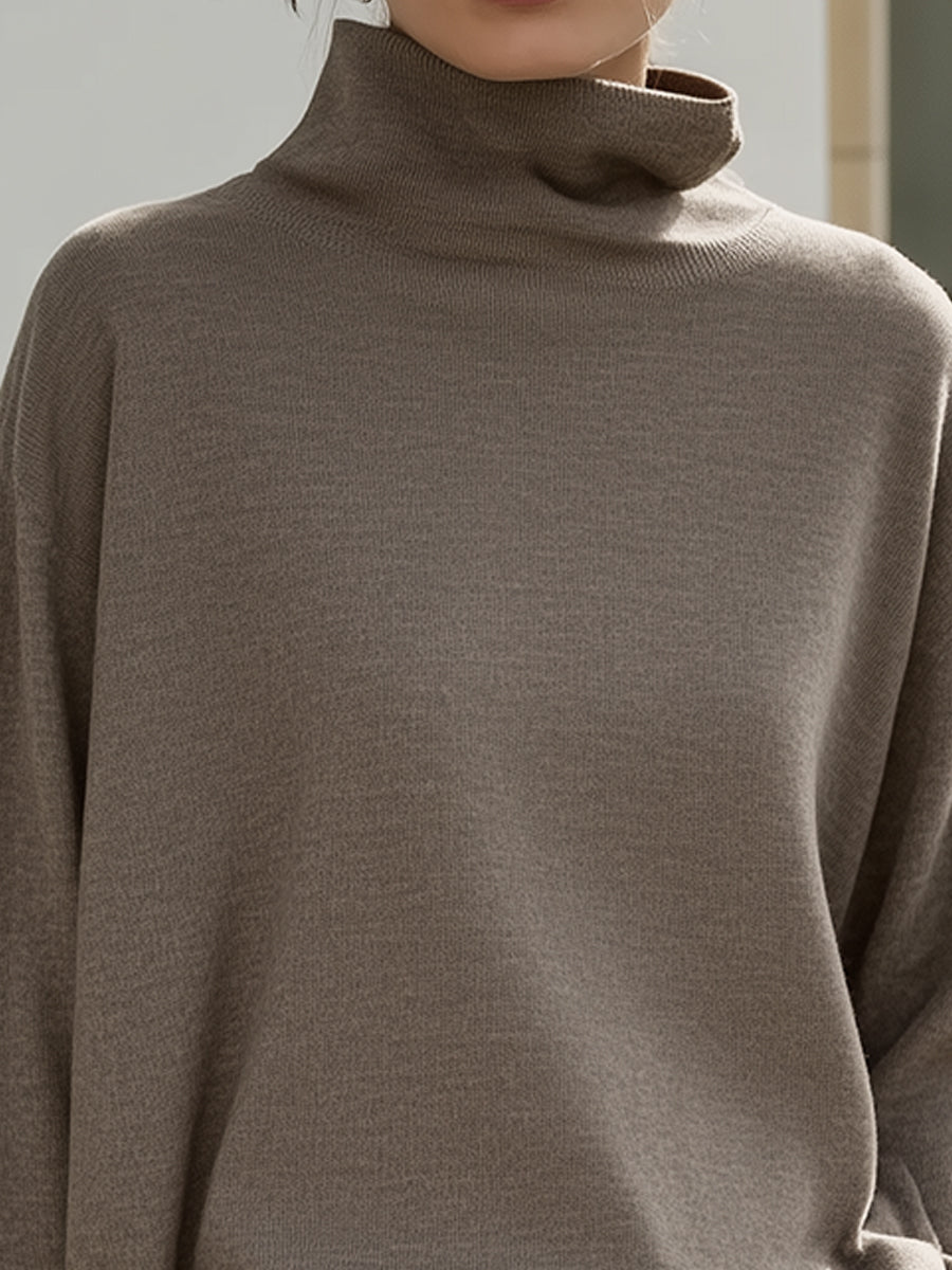 Taupe Relaxed Turtleneck Knit Sweater
