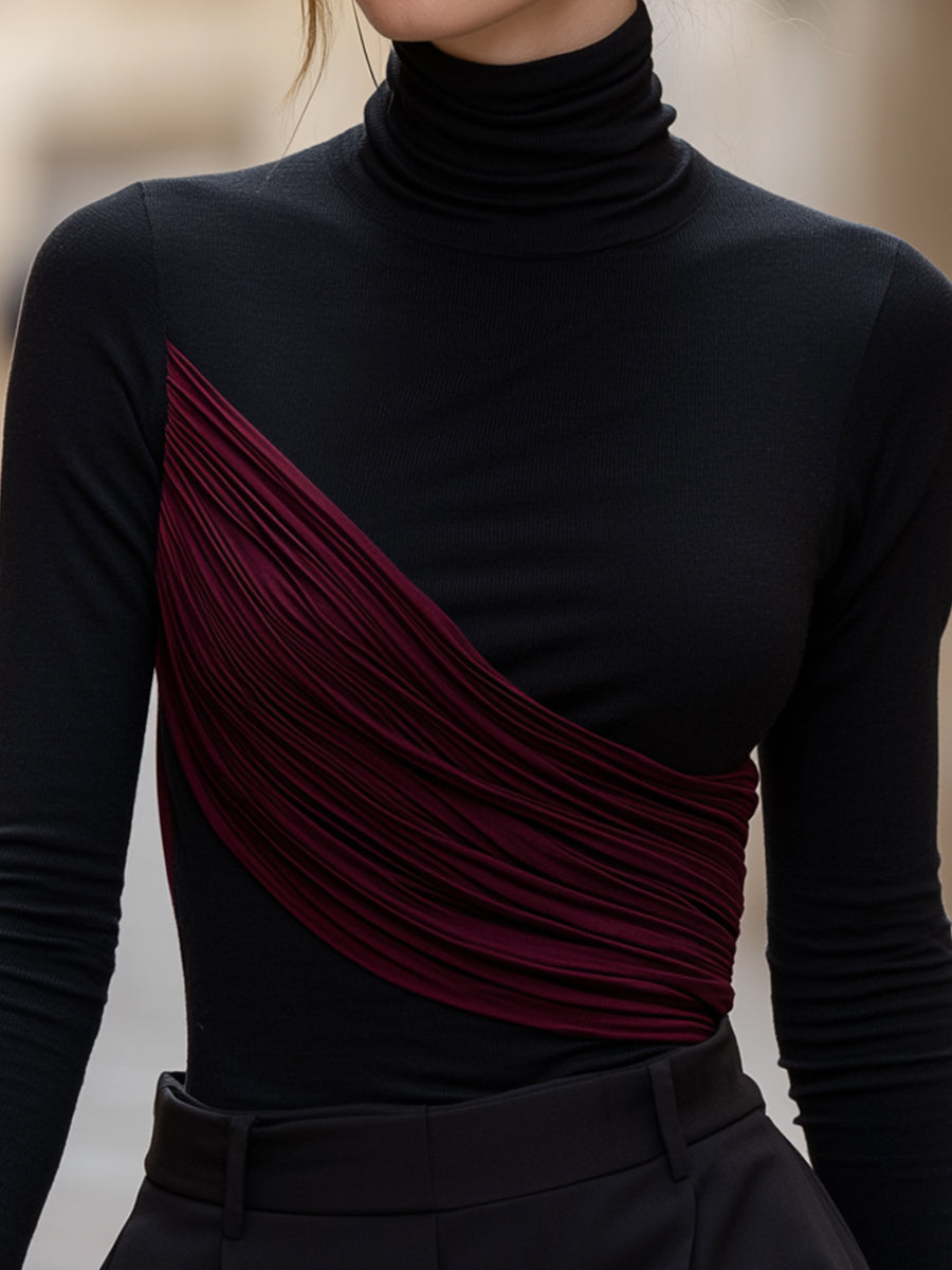 Asymmetric Pleated Panel Turtleneck Top