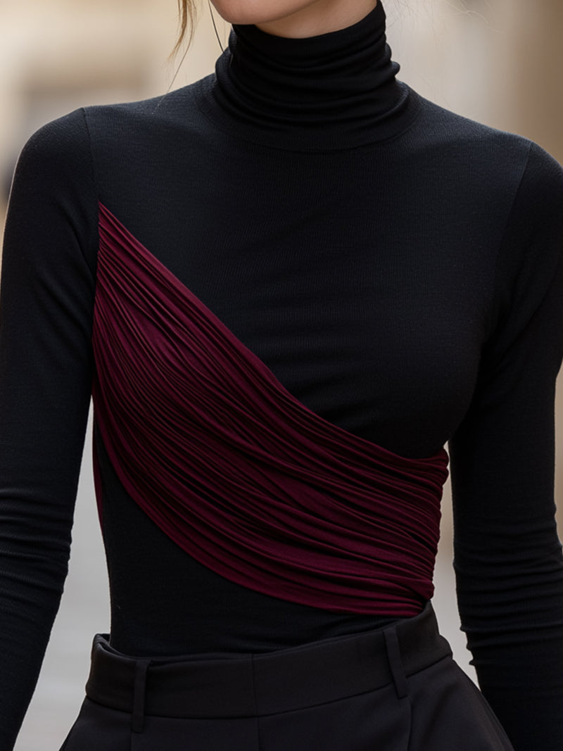 Asymmetric Pleated Panel Turtleneck Top
