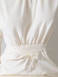 Smocked High-Neck Long Sleeve Blouse With Adjustable Drawstring Waist