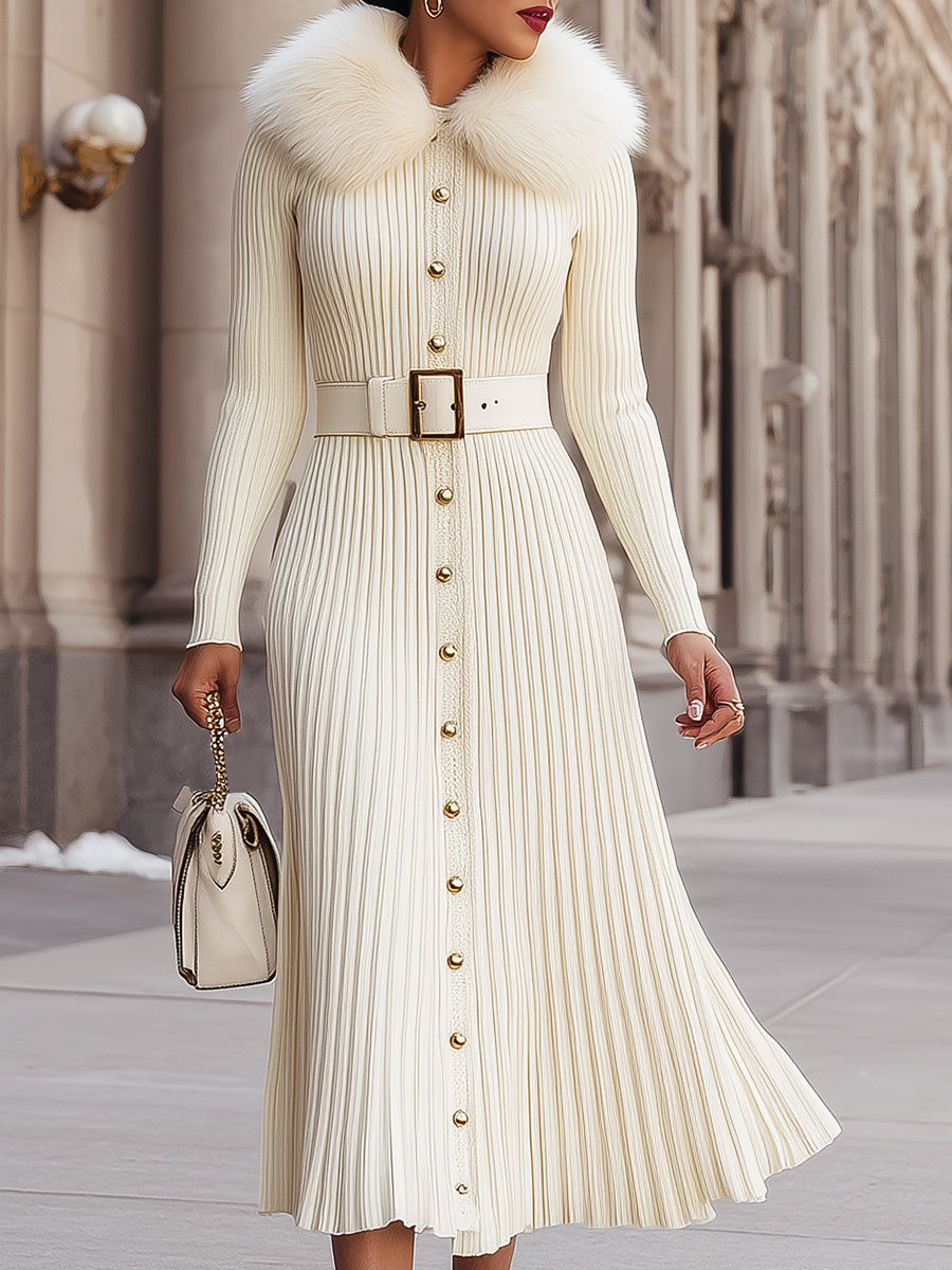 Ivory Pleated Knit Midi Dress With Faux Fur Collar