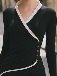 Black Contrast-Trim Wrap Top With Side Button Detail