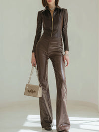 Luxe Chocolate Brown Faux Leather Zip-Up Set