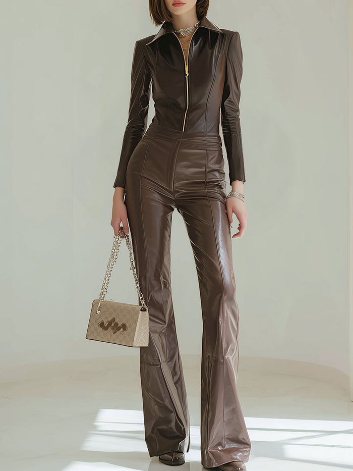 Luxe Chocolate Brown Faux Leather Zip-Up Set