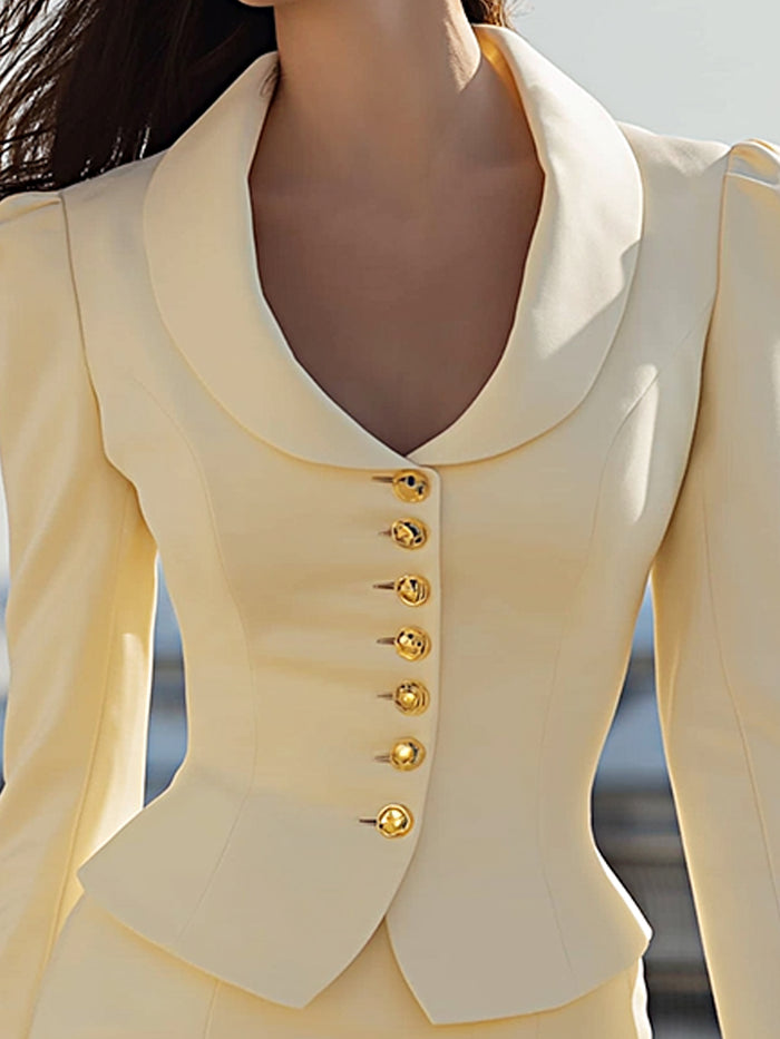 Elegant Cream Tailored Skirt Suit With Gold Button Detailing