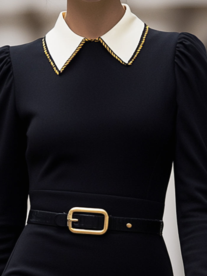 Contrast Collar Belted Midi Dress