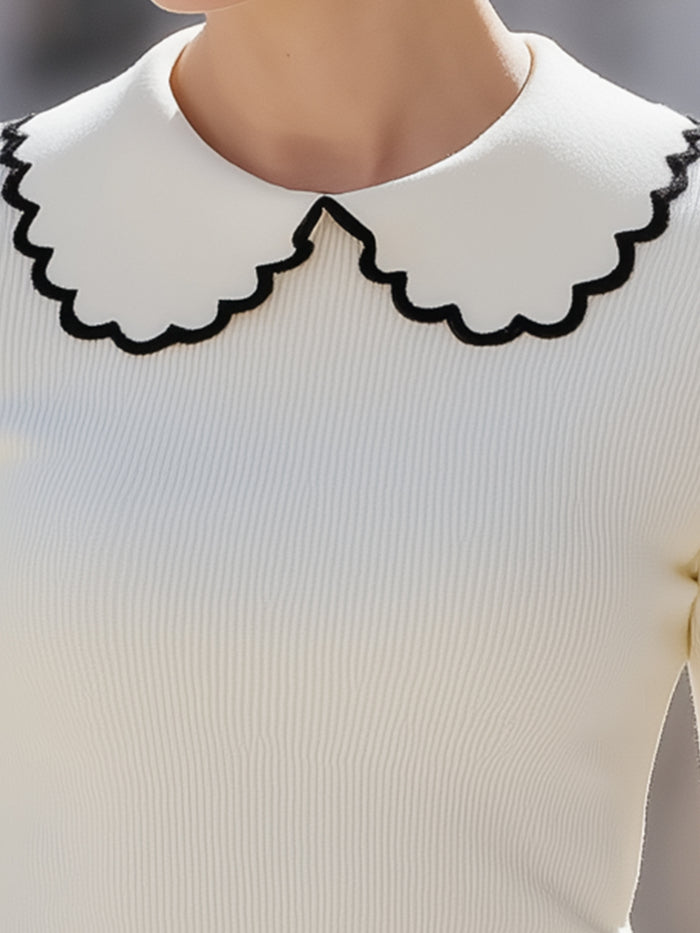 Scalloped Contrast Collar Knit Top