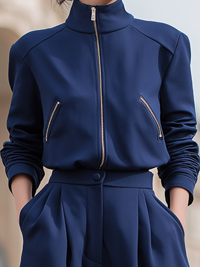 Navy High-Neck Zip Jacket And Wide-Leg Trouser Set