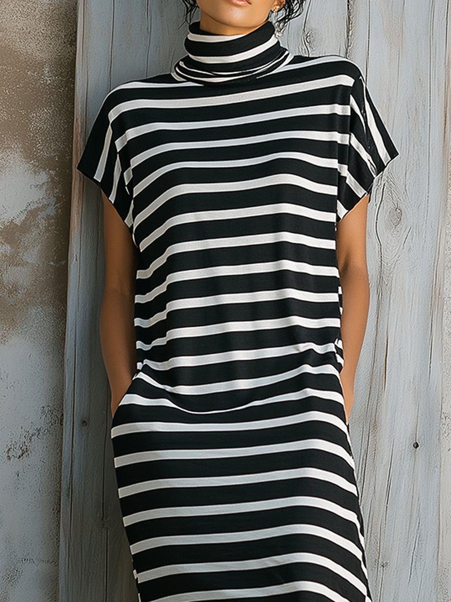 Striped High-Neck Relaxed Asymmetrical Midi Dress