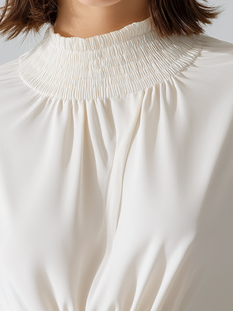 Smocked High-Neck Long Sleeve Blouse With Adjustable Drawstring Waist