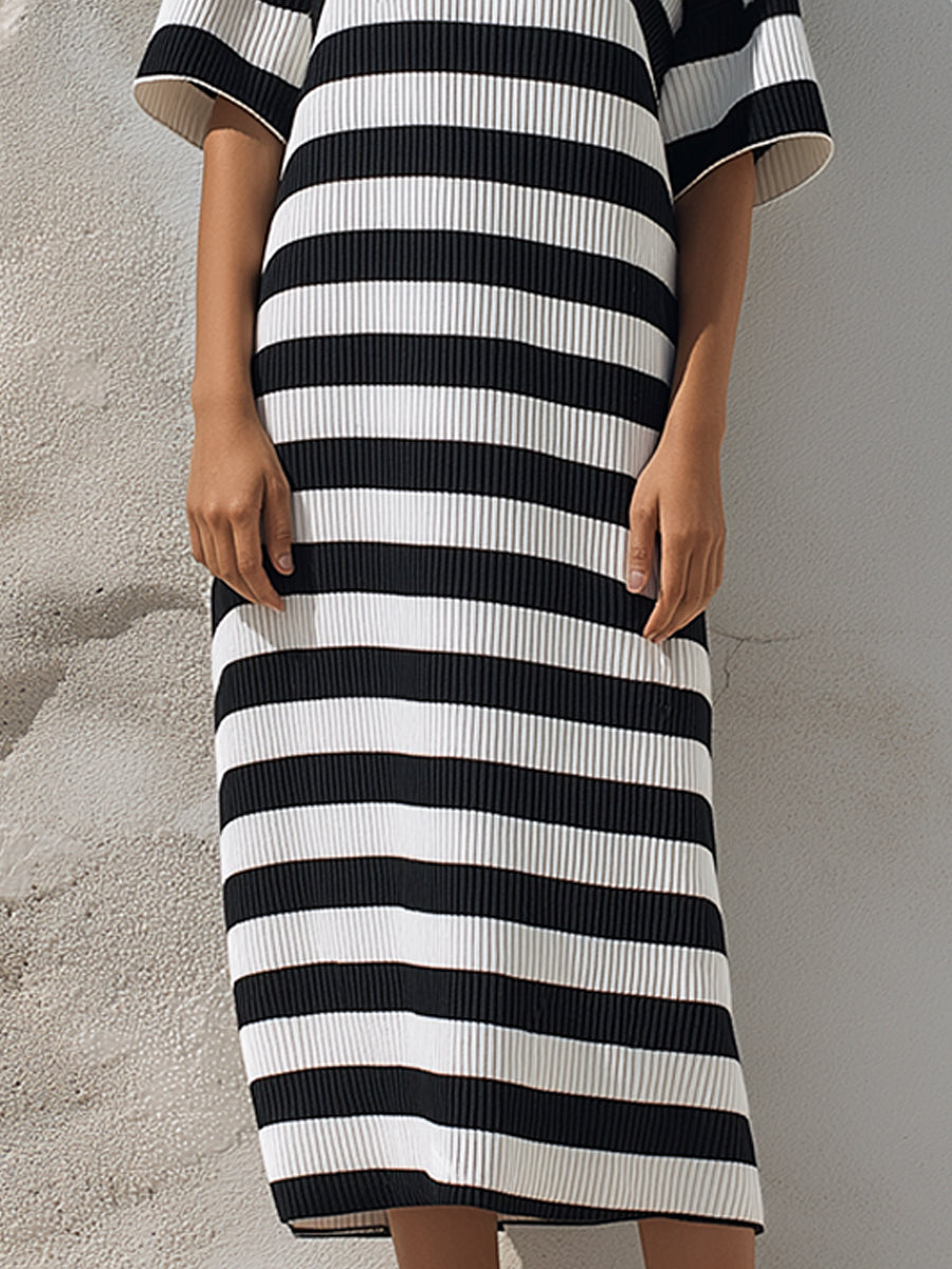 Striped High-Neck Relaxed Knit Midi Dress