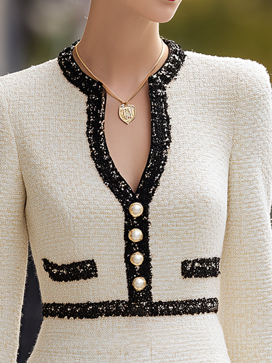Contrast Trim Pearl Button Tweed Mini Dress