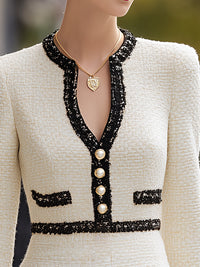 Contrast Trim Pearl Button Tweed Mini Dress