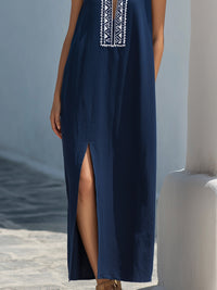 Embroidered Placket Sleeveless Drawstring Midi Dress