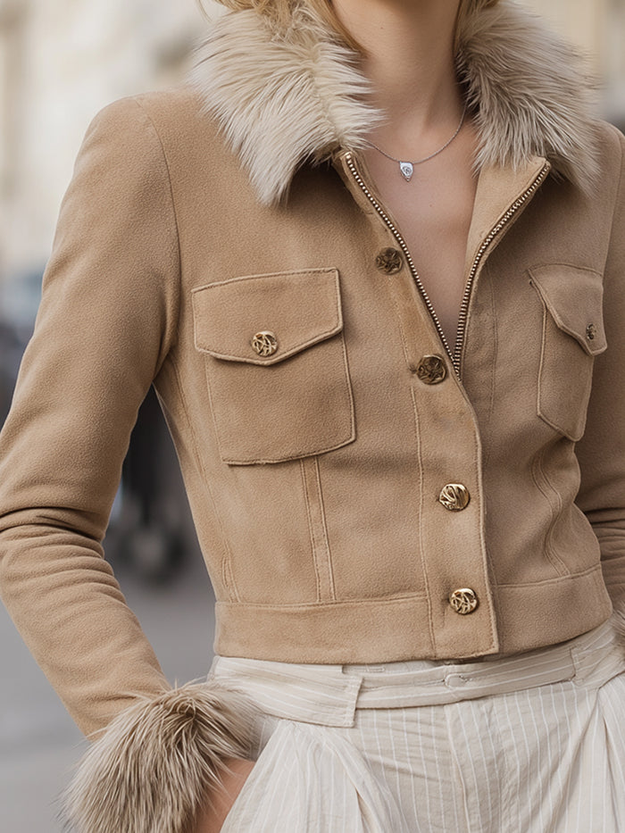Cropped  Suede Jacket With Faux Fur Trim