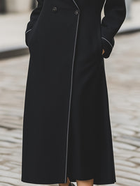 Black Longline Coat With White Piping Trim