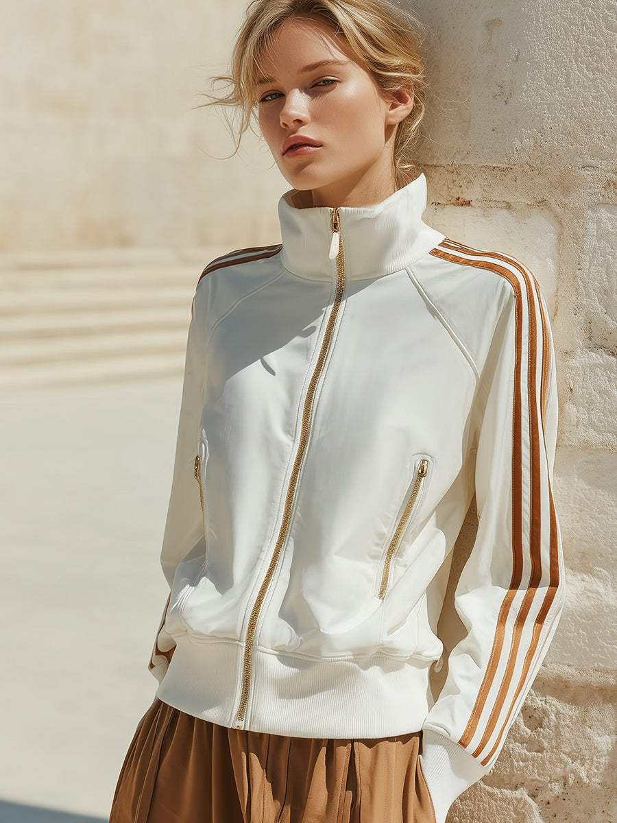 White Track Jacket With Gold Zipper And Brown Stripes