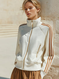 White Track Jacket With Gold Zipper And Brown Stripes