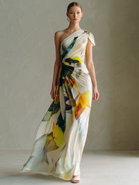 One-Shoulder Abstract Floral Draped Maxi Dress