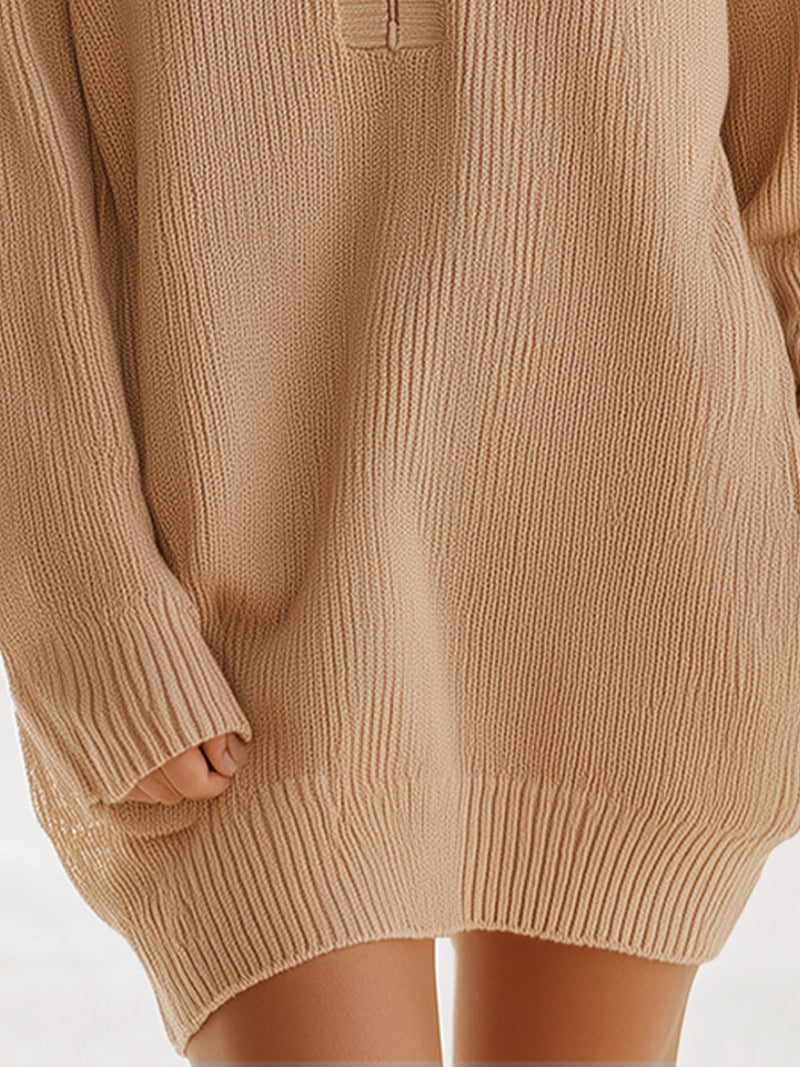 Camel Zip-Collar Sweater Dress