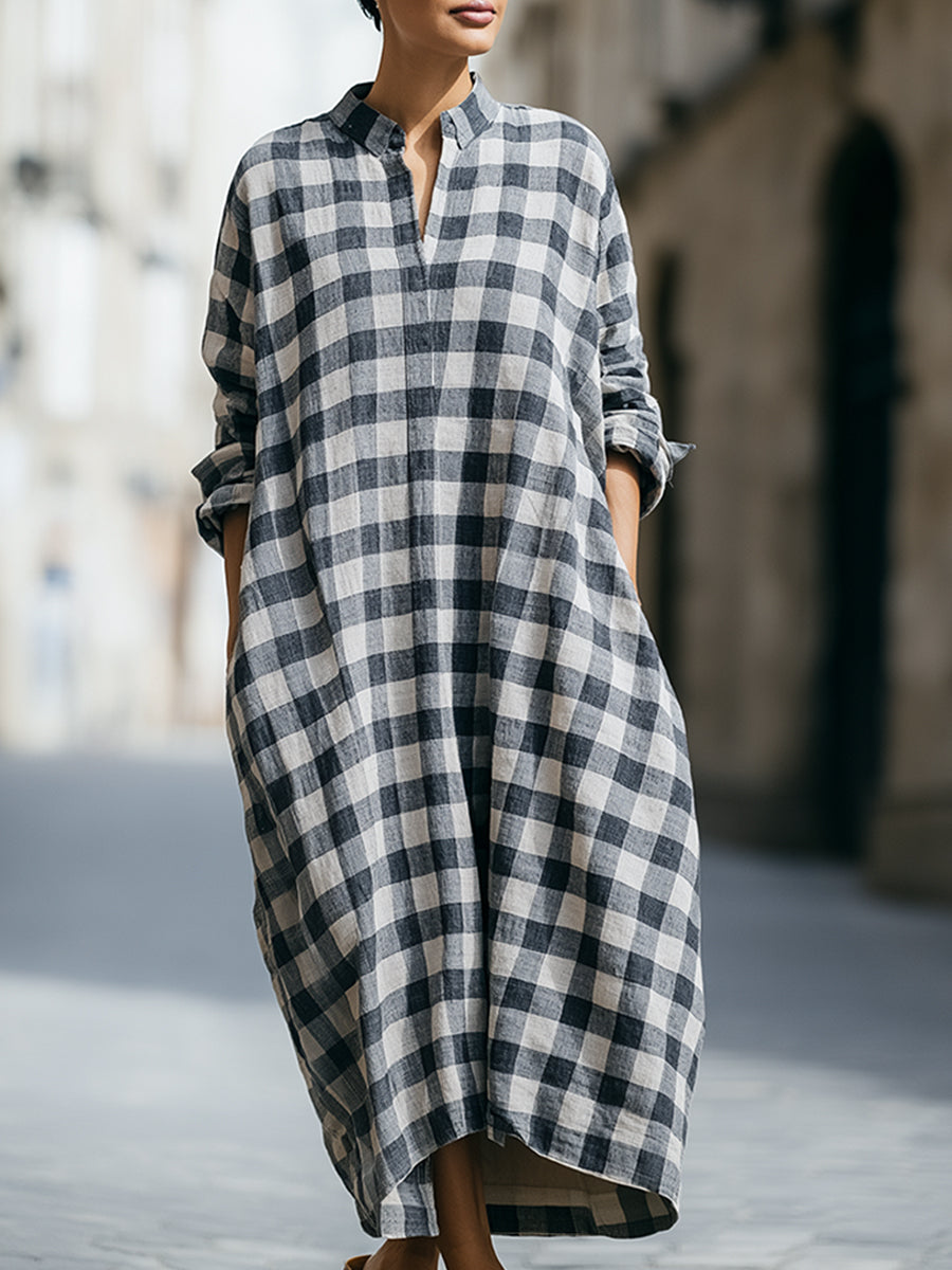 Relaxed Checkered Midi Shirt Dress