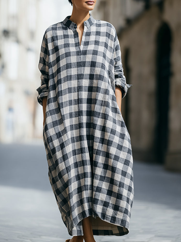Relaxed Checkered Midi Shirt Dress