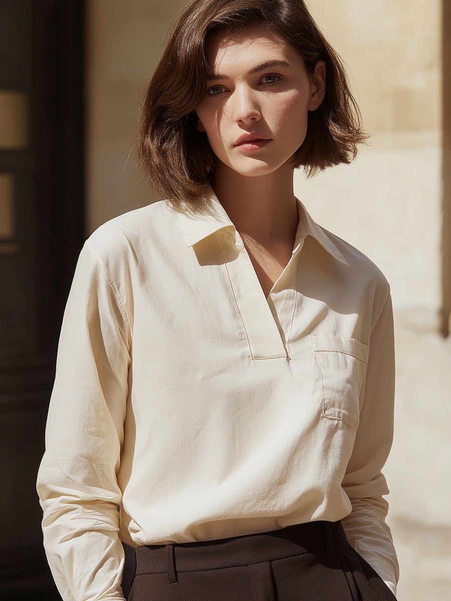 Ivory Minimalist Open-Collar Blouse
