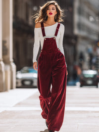 Burgundy Corduroy Overalls With White Off-Shoulder Top