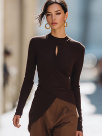 Chocolate Brown Draped Keyhole Knit Top