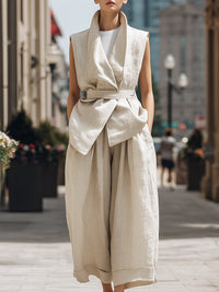 Sleeveless Belted Linen-Blend Vest & Wide-Leg Culotte Set