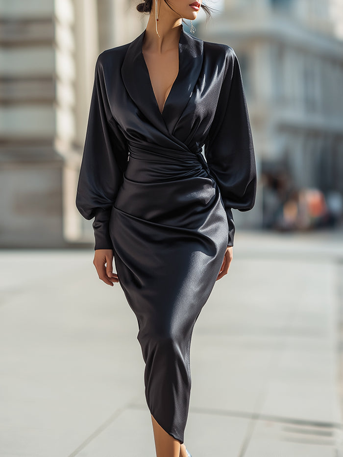 Draped Satin-Wrap Midi Dress