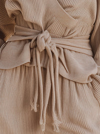 Beige Knit Wrap Top With Belt