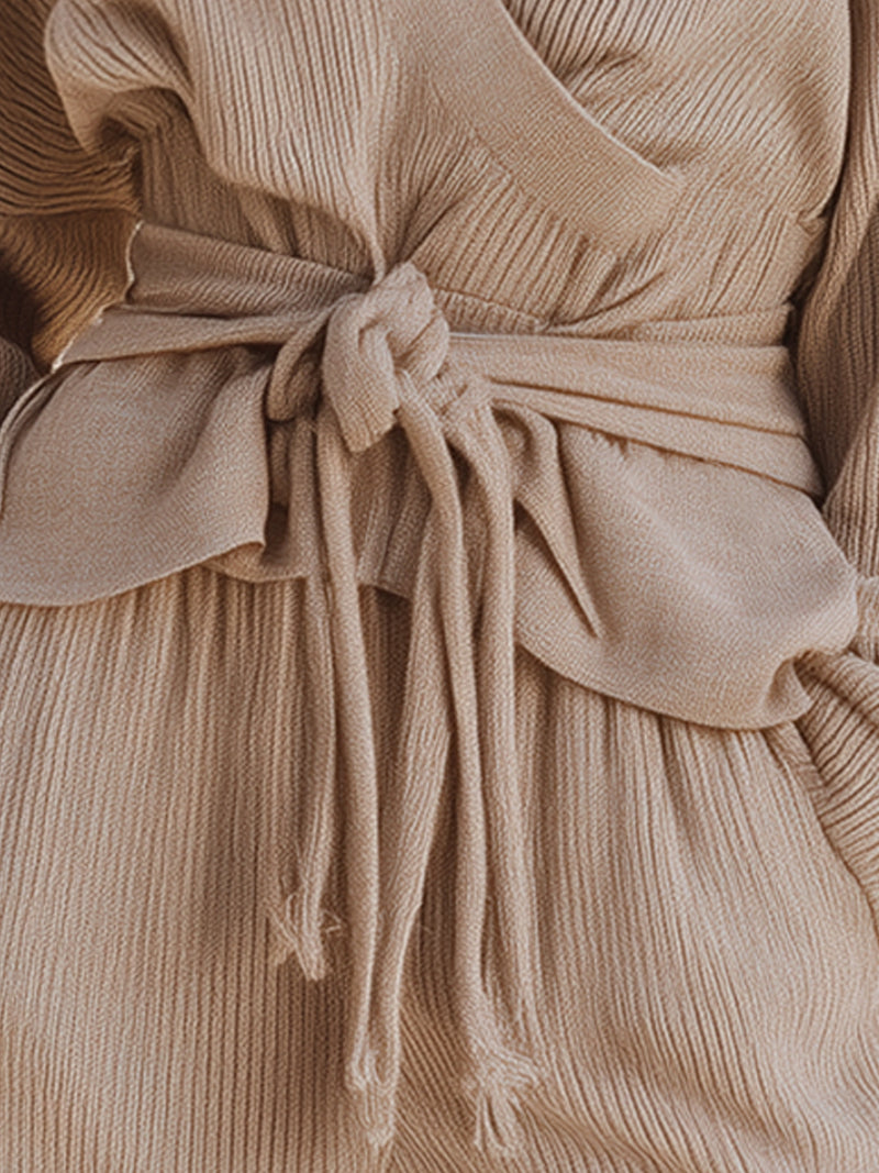 Beige Knit Wrap Top With Belt
