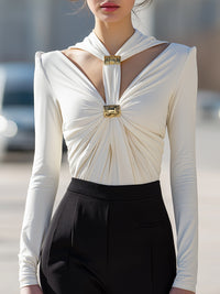 Gold-Bar Ruched Cutout Long-Sleeve Top