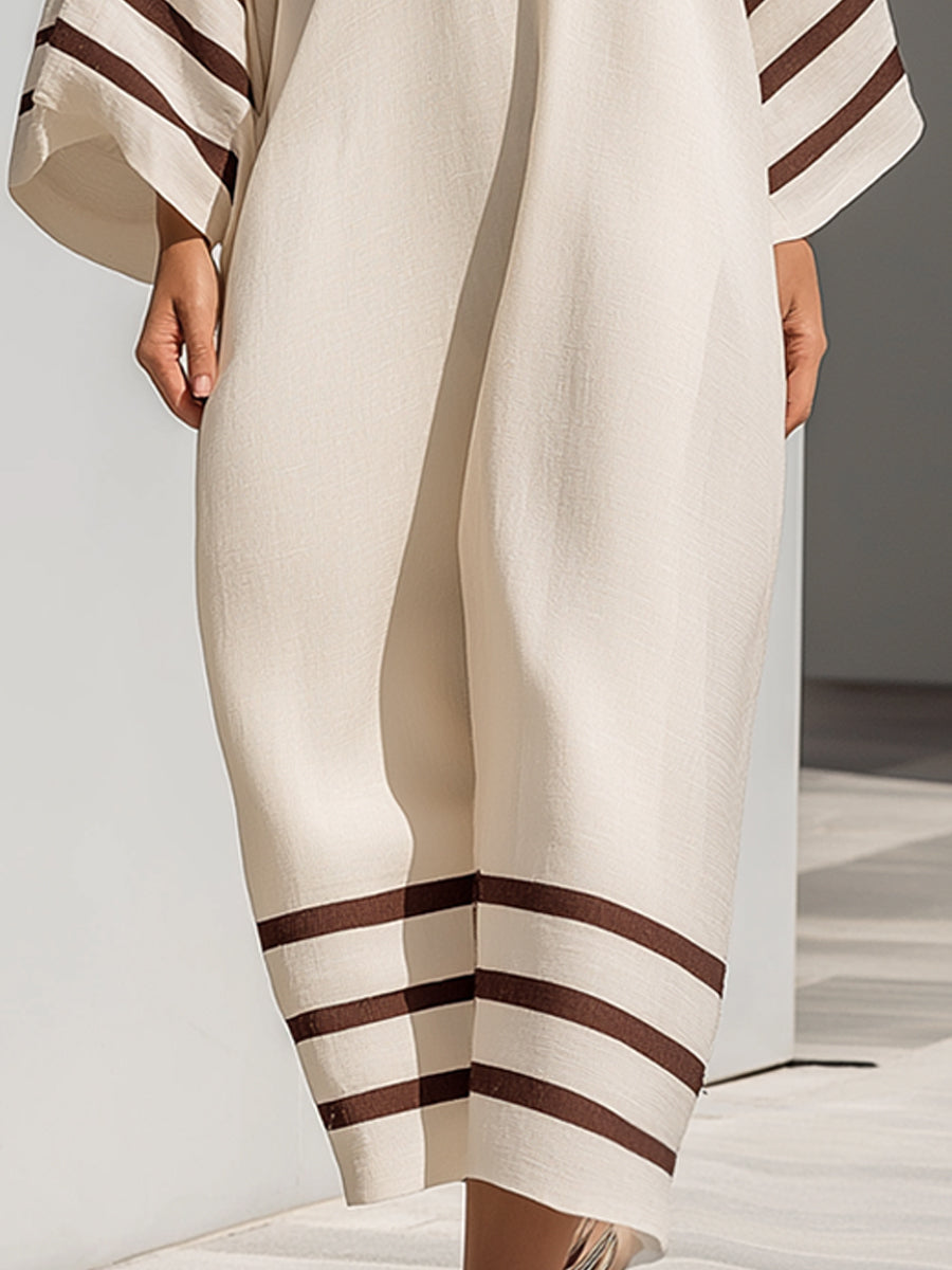 Embroidered V-Neck Kaftan Midi Dress With Contrast Stripe Trim