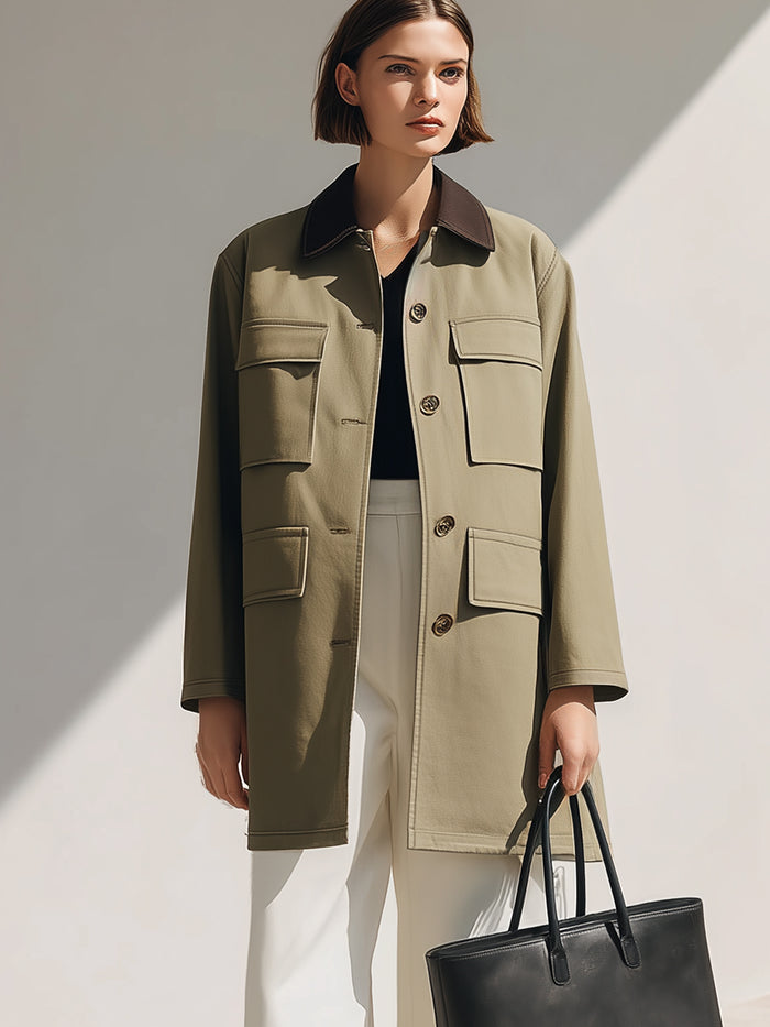Khaki Utility Jacket With Contrast Collar