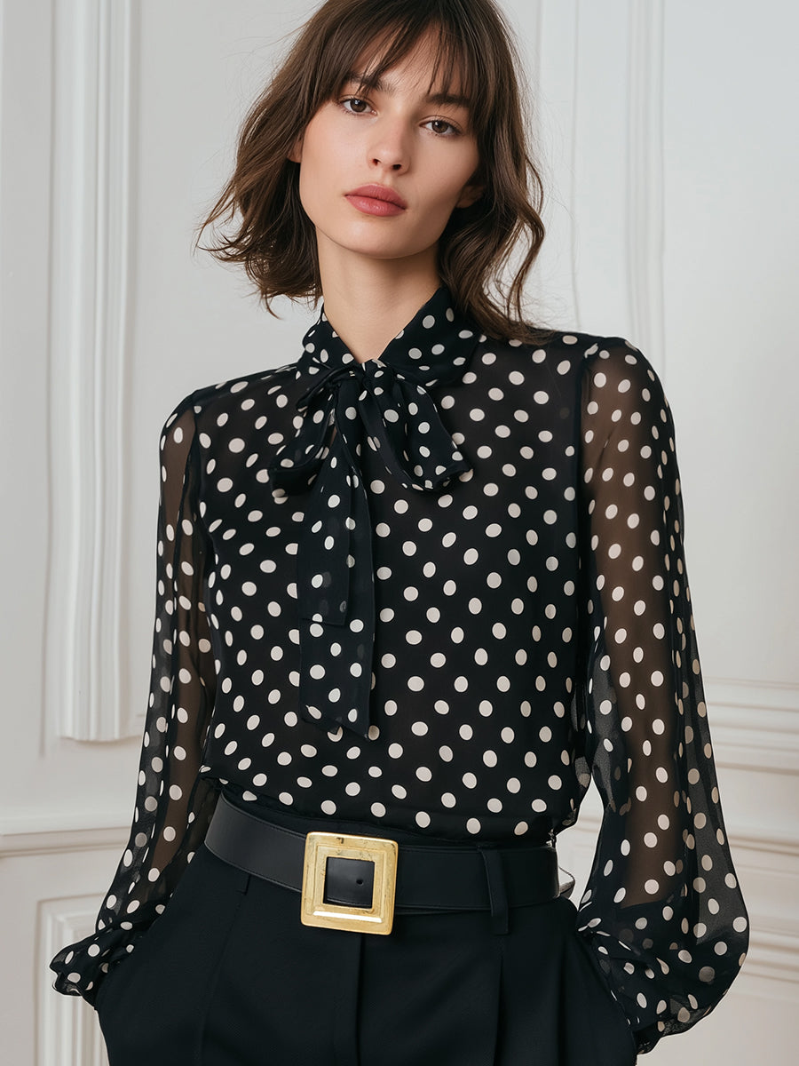 Polka Dot Chiffon Blouse With Bow-Tie Neck And Sheer Sleeves