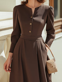 Button-Front Long Sleeve Midi Dress