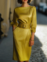 Golden Textured Belted Midi Dress