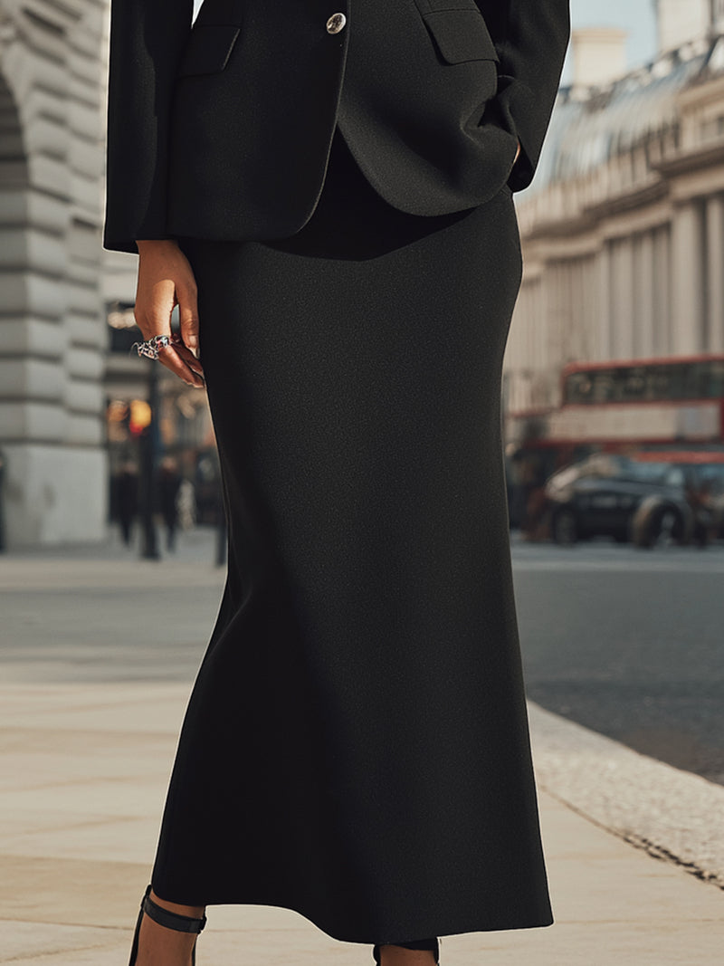 Black Wool Skirt Suit With Faux Fur Collar