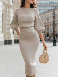 Beige Ribbed Knit Puff-Sleeve Midi Dress