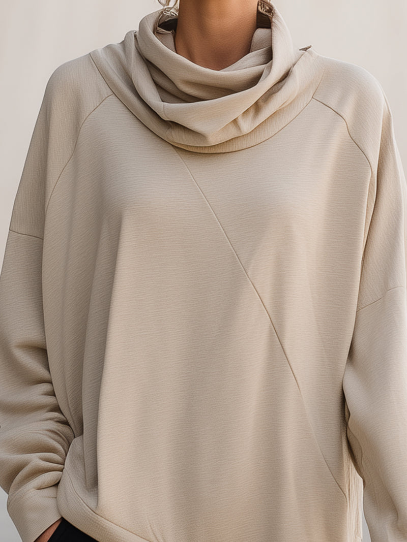 Beige Draped Cowl-Neck Sweatshirt